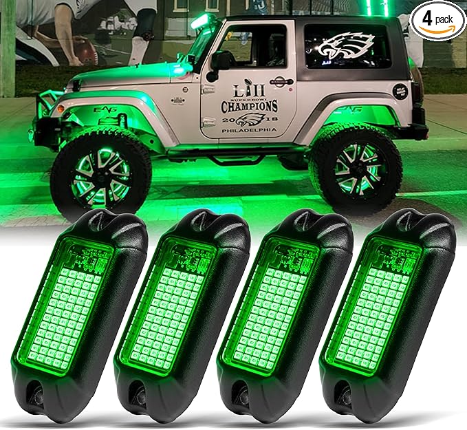 Nicoko 4Pods Pure Green LED Rock Lights 72w high Power Rock Lights Neon Underglow Light for Car Trucks ATV UTV SUV Boat Underbody Glow Trail Rig Light IP68 Waterproof
