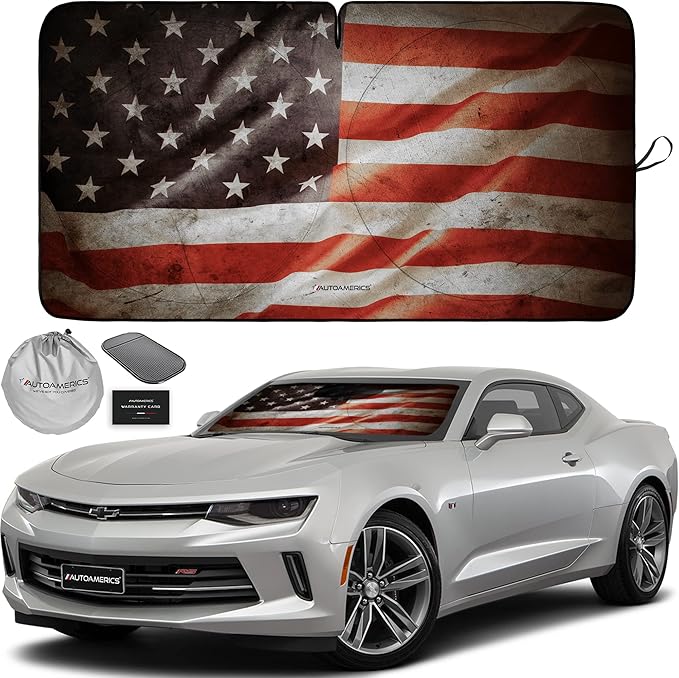 Autoamerics 1-Piece Windshield Sun Shade Grunge American Flag - 1 USA Design - Foldable Car Front Window Sunshade for Most Sedans SUV Truck - Blocks Max UV Rays and Keeps Your Vehicle Cool - Small
