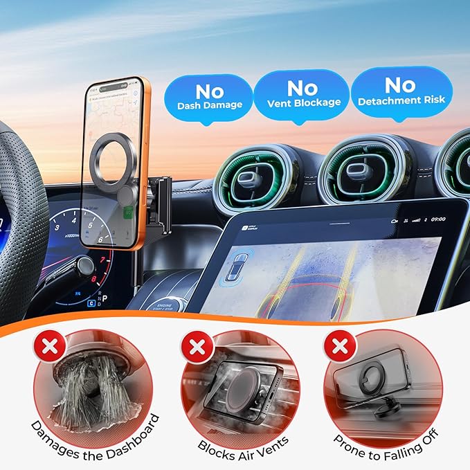 Car Phone Holder for Mercedes Benz GLC 2023-2026 & C-Class 2022-2026 (Only for 12.3-Inch Screen) 360° Rotation Magnetic Cell Phone Mount, Compatible with Magsafe, Does Not Affect Air Vent