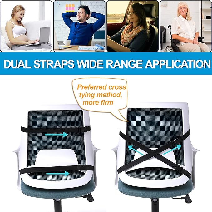 Seat Cushion & Lumbar Support Pillow for Office Chair, Car, Wheelchair Memory Foam Desk Chair Cushion for Sciatica, Lower Back & Tailbone Pain Relief Desk Pad with Adjustable Strap 3D Washable Cover