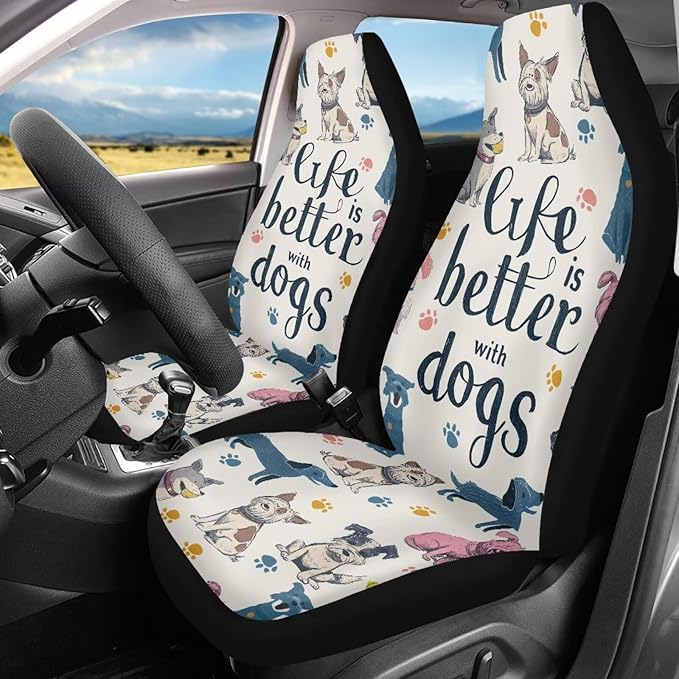 BIGCARJOB Cute Dogs Car Seat Covers Set for Front Only Car Interior Seat Rugs 2 Pcs Car Accessories Auto Front Seat Protector Set for Women
