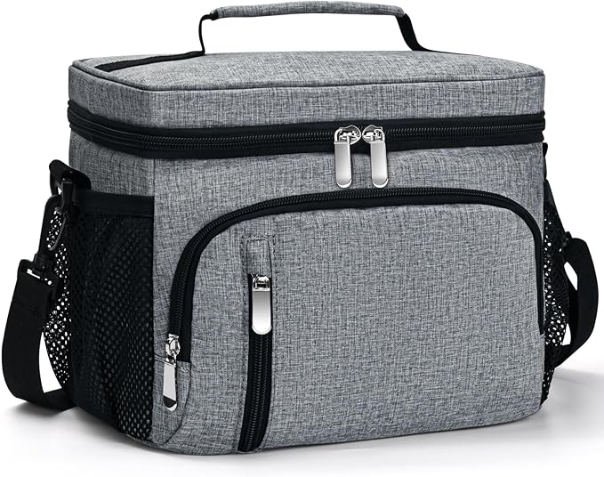 Insulated Lunch Bag for Men & Women, 9L Leakproof Lunch Box Soft Cooler Tote with 5 Pockets, 600D Oxford, EVA Lining, Adjustable Strap for Work, Picnic, Beach&Travel-Grey