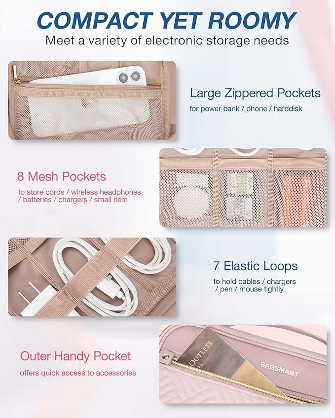 BAGSMART Electronics Travel Organizer, Portable Tech Accessories Cord Storage Case for Charging Cables, Pink