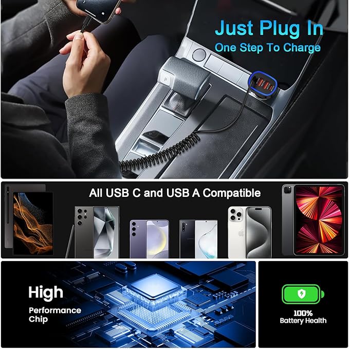 USB C Car Charger 60W Super Fast Car Phone Charger Adapter with 3ft 30W Type-C Coiled Cable for Samsung Galaxy S25 Edge/S25 Ultra/S24/S23/S22/S21/A16/A17/iPhone 17/16e/16 Pro/Pixel 10/9/8