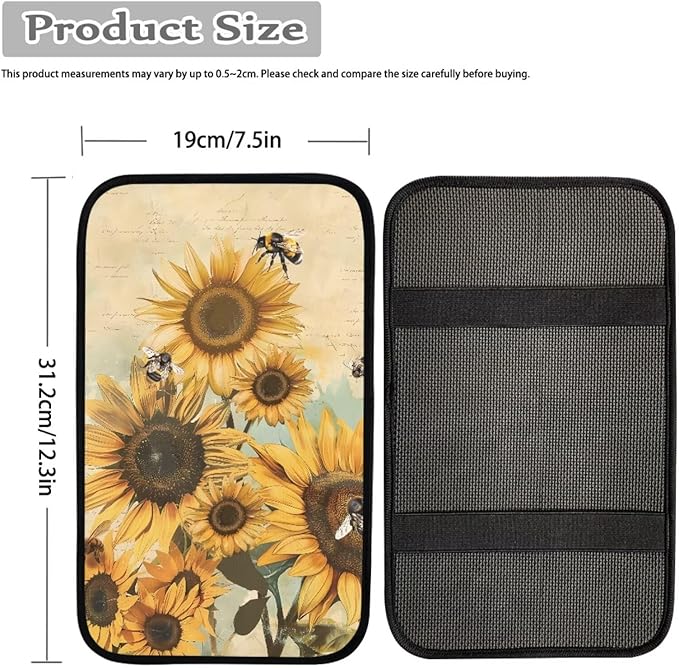 JoyLamoria Sunflower Bee Auto Center Console Pad Cover Car Armrest Cushion Soft Handrail Box Protector Universal Fit