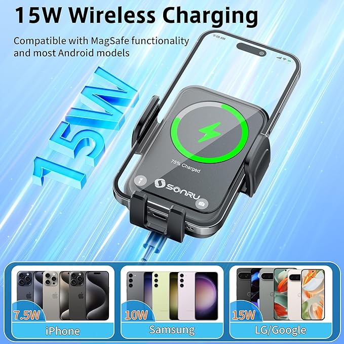 SONRU Car Phone Holder Wireless Charger, Qi 15W Wireless Car Charger Fast Charging Auto Clamping Car Charger Mount Suction Holder Dashboard Air Vent for iPhone 16/15/14/13/12/11, Samsung S25/24