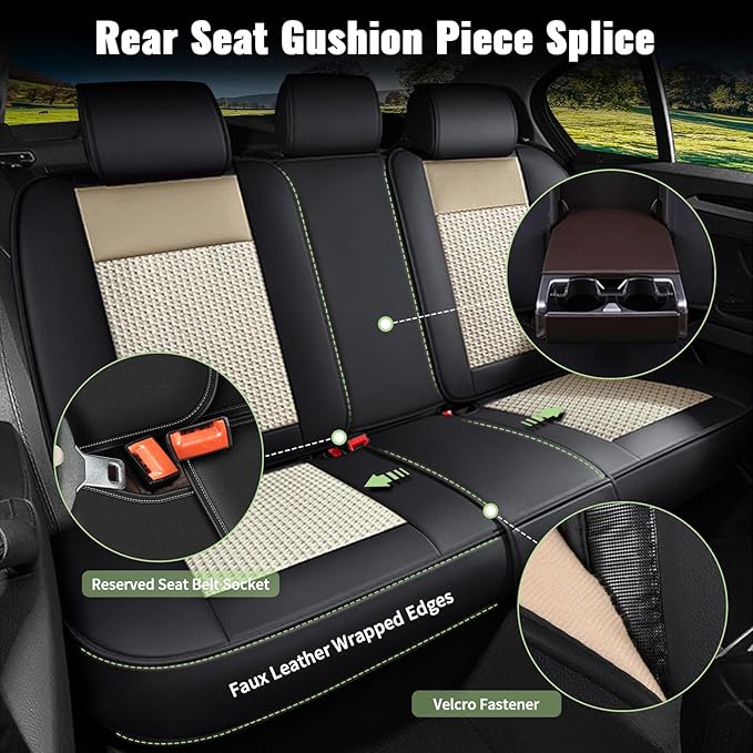 Full Set Car Seat Covers for Honda Civic Sedan 2003-2015 & 2020-2026 - Breathable Cool Ice Silk Leather - 5 Seats for Honda Civic Accessories Coupe Hatchback - Black&Beige