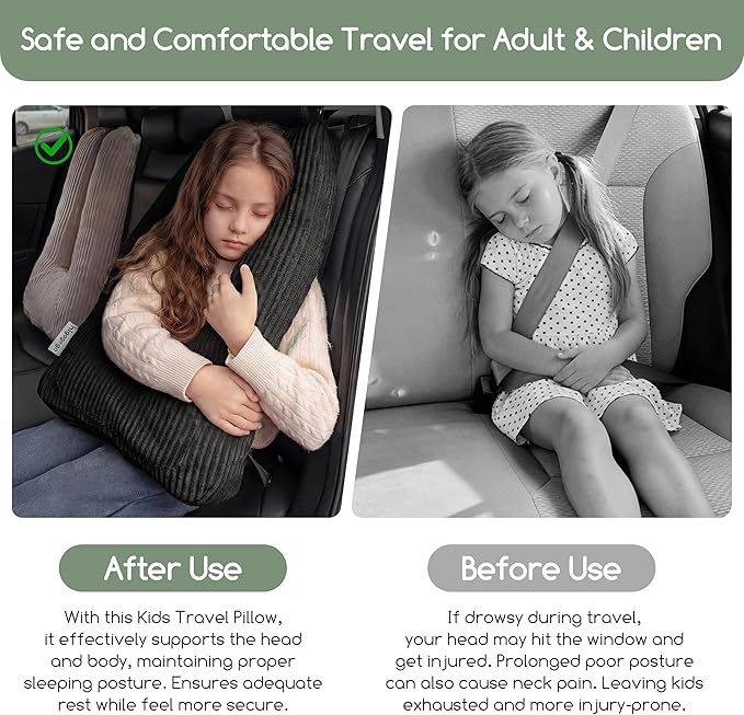 HIGOGOGO Washable Travel Pillow, Car Pillow for Kids & Adults, Travel Pillows with Removable Soft Cover and High-Support Foam, Fix Neck and Body Sitting/Sleeping on The Trip, Black