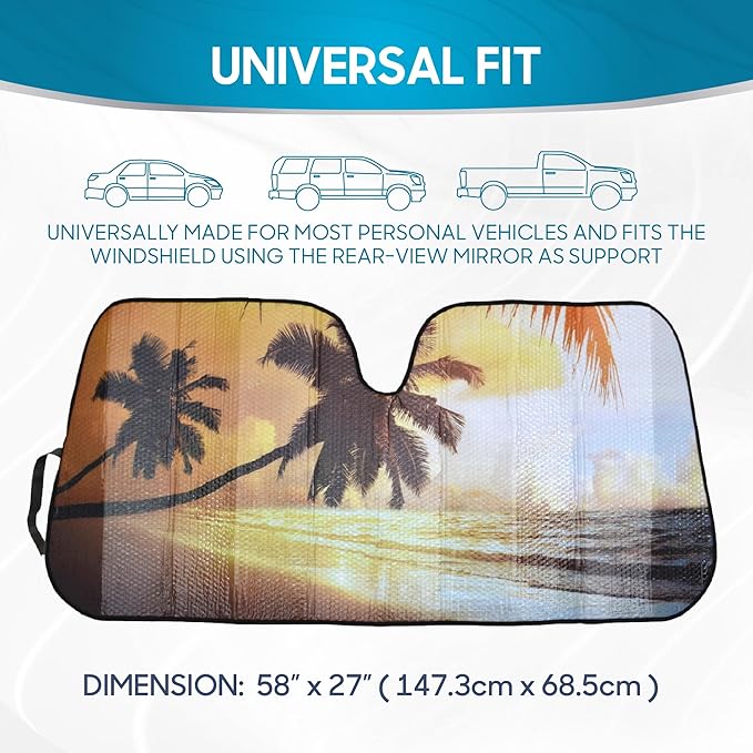 BDK Golden Sunset Beach Front Windshield Sun Shade Accordion Folding Cute Car Window Shades for Truck & Car Sunshade Shield for Sun UV Rays - Visor Protector Keeps Your Vehicle Cool - 58 x 27 inches