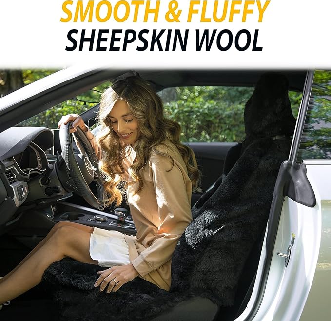 ZONETECH Sheepskin Seat Covers Fuzzy Car Seat Covers Black Australian Merino Wool Fluffy Fur Auto Accessories All Season Protection for Your Seats Universal Fits Most Car SUV Airbag Compatible 2-Pack