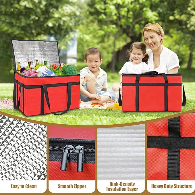 PEASUG 2Pcs Insulated Bags for Food Delivery, XXXL Pizza Delivery Bags, Large Capacity Cooler Bag Keep Food Warm for Grocery Shopping and Catering, Foldable, Heavy-Duty (Red)