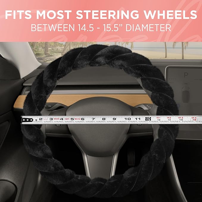 Carbella Twisted Fur Black Soft Steering Wheel Cover, Standard 15 Inch Size Fits Most Vehicles, Fuzzy Fluffy Car Steering Cover with Soft Faux Fur Touch, Car Accessories for Women