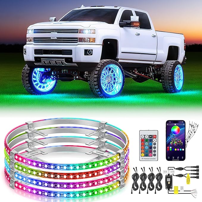 Nilight 4PCS 15.5inch LED Wheel Ring Lights RGB with APP and Remote Control Neon Lights Million Colors w/Turn Signal and Braking Function for Car Van SUV Truck