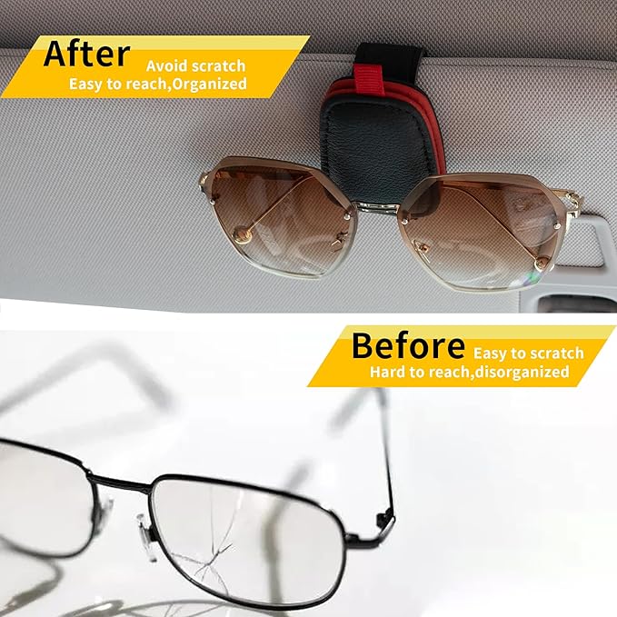 Yuoyar Sunglass Holder for Car, Magnetic Leather Sunglasses Holder and Ticket Card Clip, Car Visor Accessories, 2 Packs (Black-red)