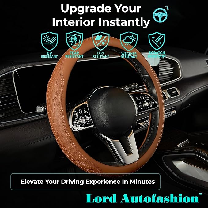 Lord Autofashion Steering Wheel Cover – PU Leather, Non-Slip Rubber Inner, All-Season Comfort – 14.5–15 Inch (Tan 9366)
