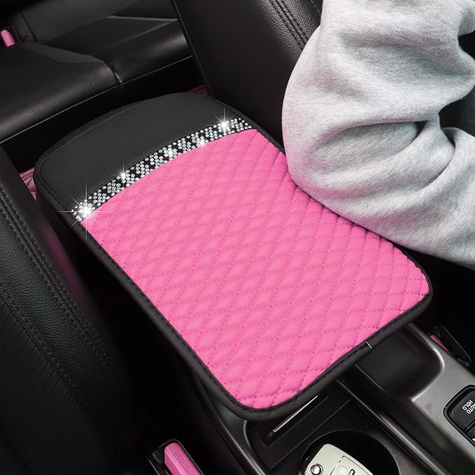 Bling Leather Car Armrest Box Cover,Car Center Console Protector with Colorful Crystal Rhinestones,Anti-Scratch Waterproof Car Armrest Seat Pad for Most Car,SUVs,Trucks (Pink)