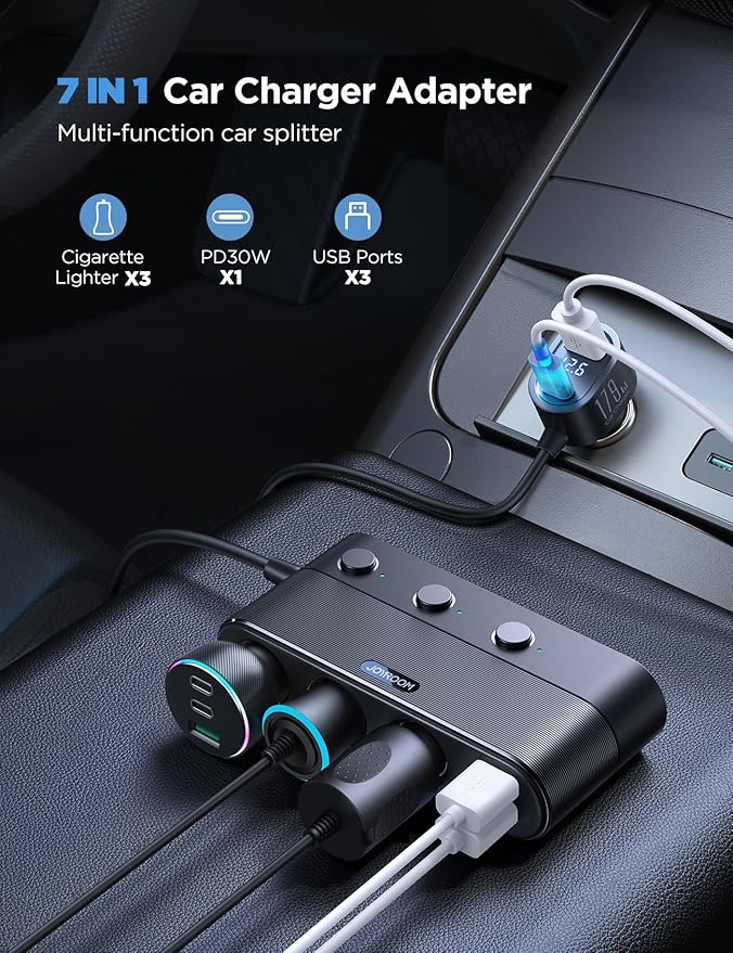 [2026 Upgraded] 7 in 1 Cigarette Lighter Adapter, JOYROOM 179W Car Charger Adapter with PD30W Charge(3.3FT Cable), 24V/ 12V Cigarette Lighter Splitter with Independent Switches & LED Voltage Display