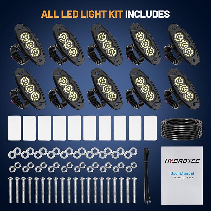 10 Pods White Rock Lights, 36 LEDs 6500K Ultra Bright IP68 Waterproof Underbody Lights for Car Truck Pickup Boat RV RZR ATV with 16.4ft Extension Wire