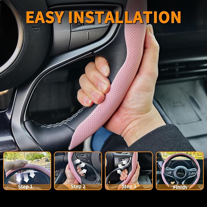 Nappa Leather Steering Wheel Cover, Universal 15 Inch Snap On Car Steering Wheel Cover for Men/Women, Comfortable & Breathable Microfiber Car Accessories Interior (Pink)