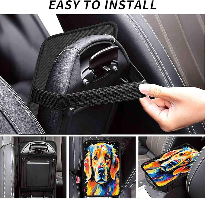 Graffiti Colorful Golden Retriever Dog Car Handrail Box Cushion Armrest Cover Auto Center Console Pad Car Decor 12.6X7.5 in
