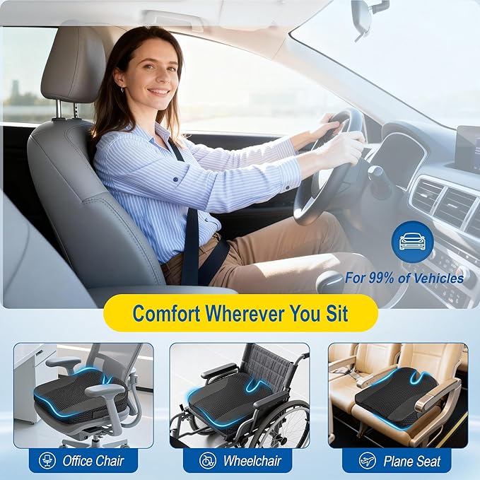 Car Seat Cushion: Ergonomic Memory Foam Cushion for Driving and Long Drives, for Sciatica and Back Pain, Seat Pillow for Car, Truck, Office Chair, Home, Wheelchair- Black