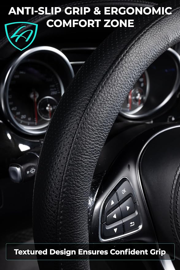 Lord Autofashion Steering Wheel Cover – PU Leather, Non-Slip Rubber Inner, All-Season Comfort – 14.5–15 Inch (Black 8397)