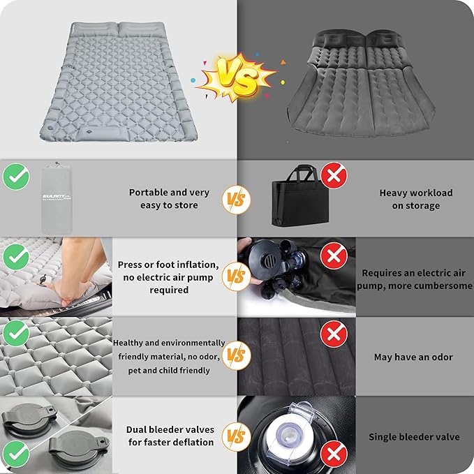 Inflatable Car Air Mattress, SUV Air Mattress for Travel Camping, Ultralight Camping Bed with Pillow and Built-in Foot Pump, Portable Sleeping Pad for SUV -Grey