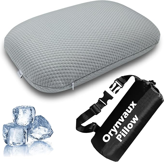 Cooling Camping Pillow, Memory Foam Travel Pillow with Adjustable Buckle Strap & Storage Bag, Compact Small Pillow for Airplane, Car Lumbar, Office, Washable Cooling Cover, Quarry Grey