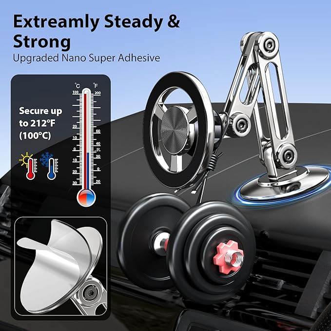 Ultra Magnetic Long-Arm Phone Holder Stand, Fits for MagSafe Car Mount Bracket【Windshield+Vent+Dash】, 360° Rotation Adjustable Strong Magnet Car Mount Desk Office Phone Cradle Holder, Silver