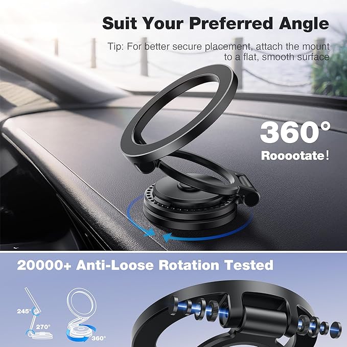 GolbinBox Car Phone Holder for MagSafe [360°Rotation] Metal Design iPhone Car Mount,Folding Car Mount [Detachable Base] Strong Magnetic Phone Holder for Car Dash,for iPhone 17 16 15 14 Pro Max, Black