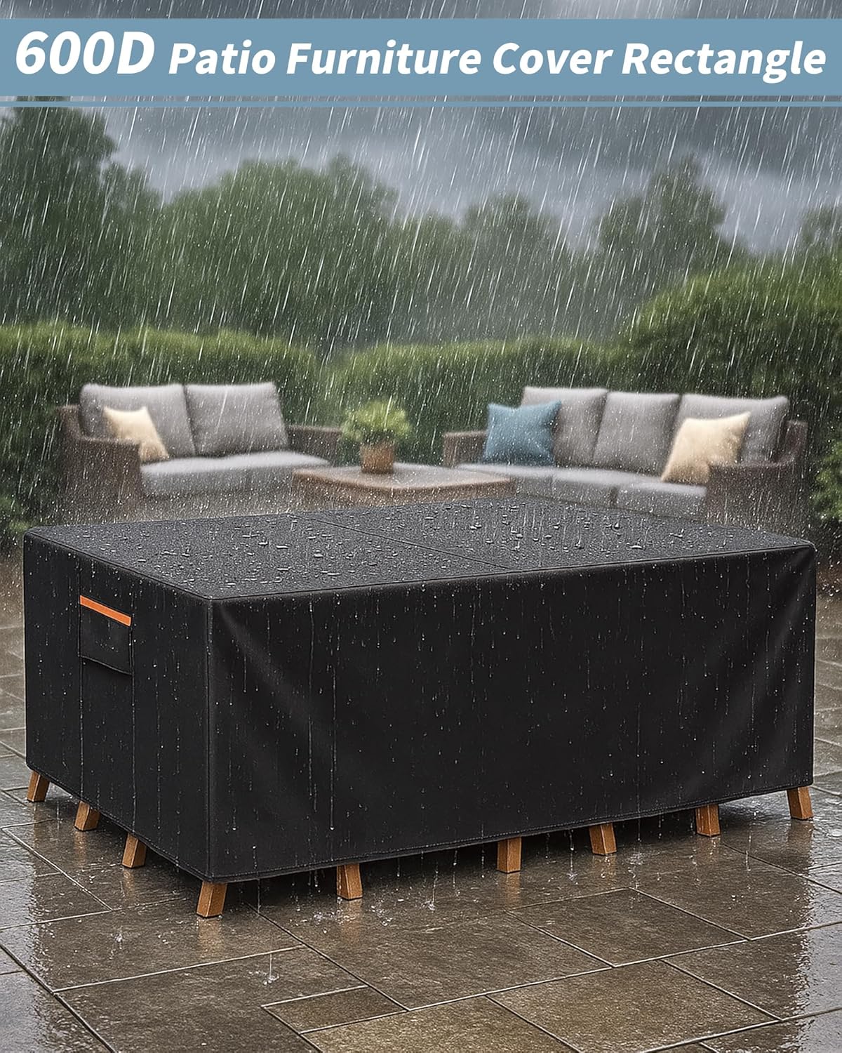 Outdoor Waterproof Furniture Cover, 126W x 74L x 28H inches Heavy Duty 600D Rectangular Table and Chair Set Protection, Black