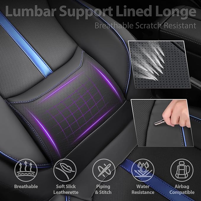 CAR PASS Nappa Leather Two Front Car Seat Covers, Water Resistant Faux PU Leather Seat Covers, 3D Foam Support Automotive Seat Covers Comfortable & Durable Universal Fit for Cars SUV Truck, Black Blue