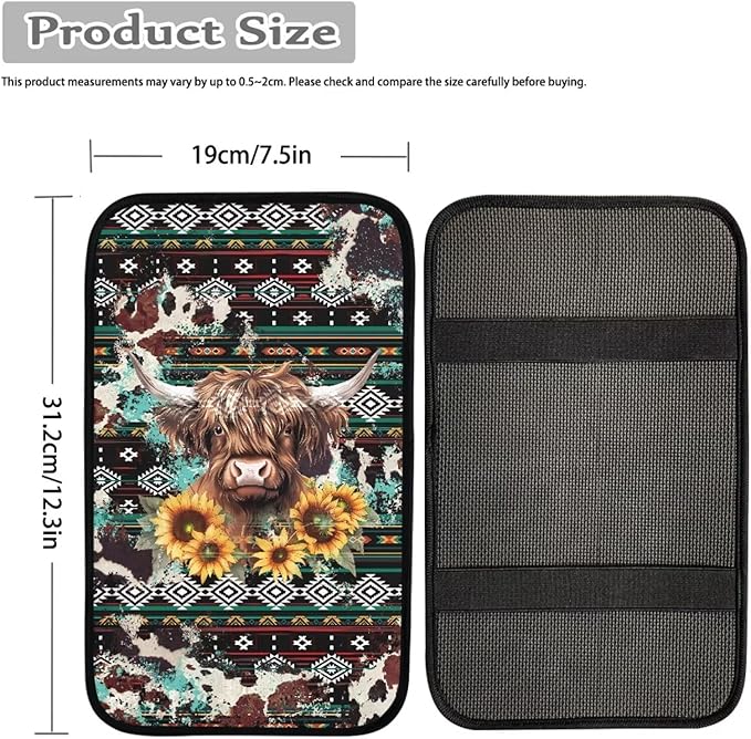 UNICEU Southwestern Cowhide Highland Cow Auto Center Console Pads Comfortable Non Slip Car Armrest Storage Box Mat Universal Fit Auto Interior Accessories for Women Men