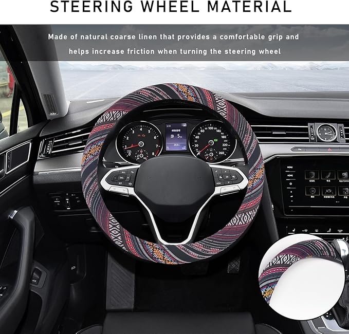 Boho Steering Wheel Cover, 15.0"×15.0" Anti-Slip Baja Blanket Ethnic Steering Wheel Protector, Breathable Flax Cloth Elastic Bohemian Steering Wheel Cover, Car Accessories (Style J)