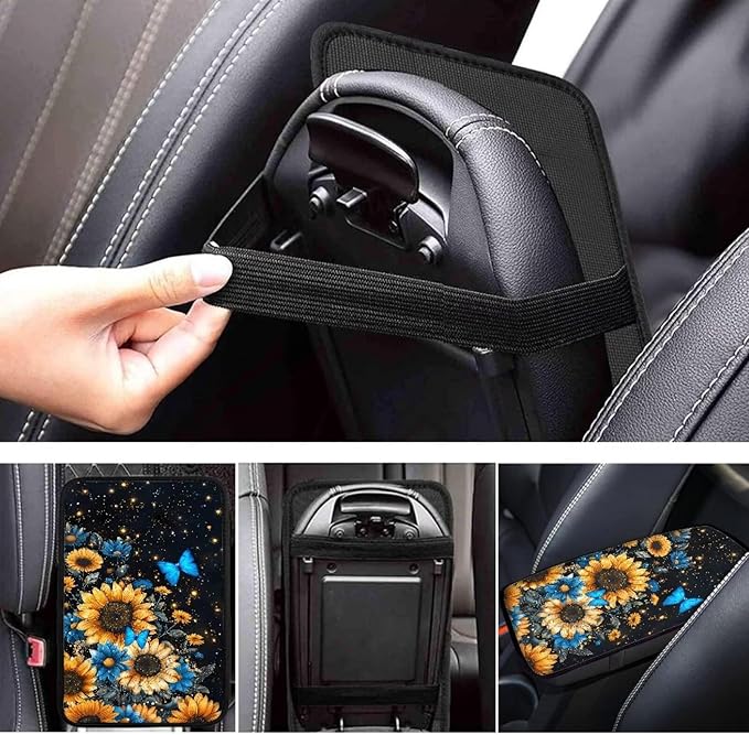 Dreaweet Car Center Console Cover Sunflower Butterfly Print Car Accessories for Women Universal Armrest Cover for Car Center Console,Car Armrest Seat Box Cover Protector,Black