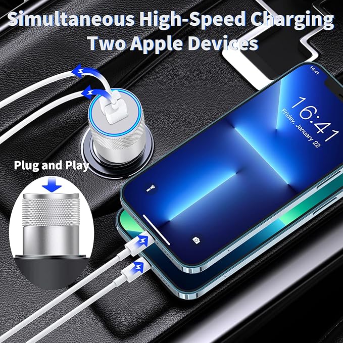 【MFi Certified】iPhone Car Charger Fast Charging, Rombica 4.8A Dual USB Smart Power Cigarette Lighter USB Car Charger with 2Pack Lightning Cable for iPhone 14 13 12 11 Pro XS Max XR SE X 8 iPad AirPods
