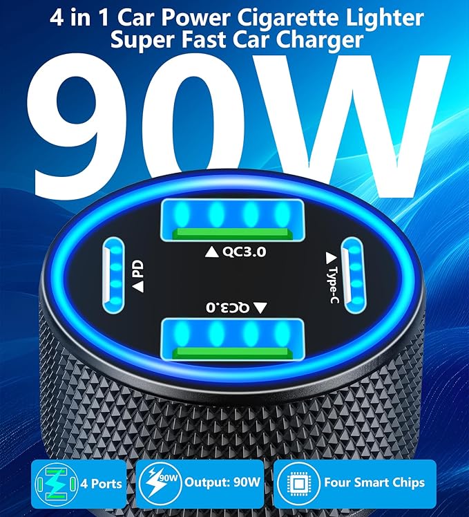 USB C Car Charger, KYOHAYA 2Pack 90W 4-Port Dual USB-C & USB-A Car Power Cigarette Lighter PD/QC3.0 Type C Car Carplay Charger Fast Charging for iPhone 17 17 Pro 16 15 14 13 12 11/Galaxy S26 S25/Pixel