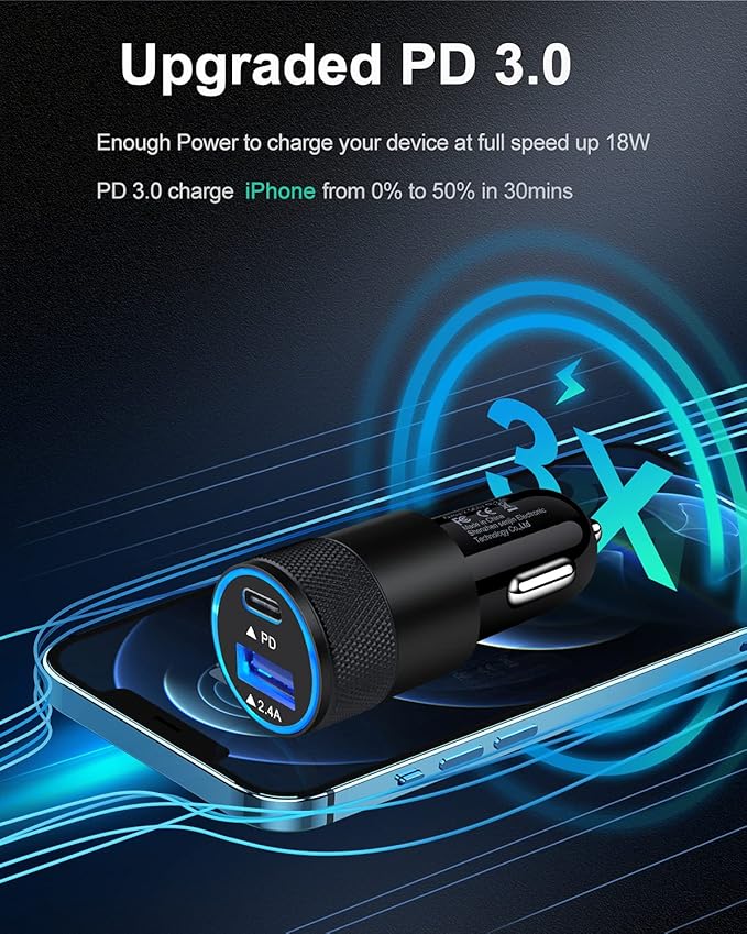 AILKIN 30W PD USB C Car Charger, USB Type C Fast Power Charging Block Dual Port USB A & USBC Plug Cargador Carro Lighter Adapter for iPhone, iPad, Samsung Galaxy, LG, Google Pixel, Moto, USB-C Port