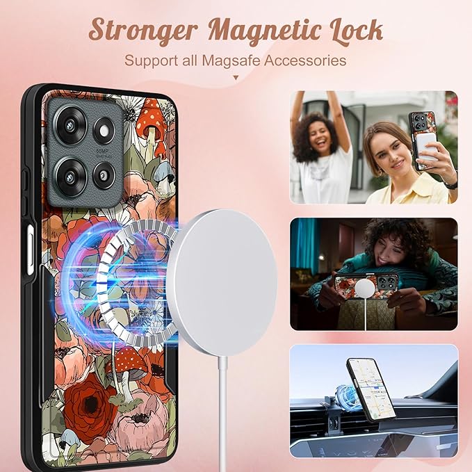 for Moto G 2026/2025 Case Women - Compatible with MagSafe Cute Girls Magnetic Protective Phone Cover Girly Mushroom Flower Heavy Duty Shockproof Design for Motorola Moto G 5G 2025 Cases