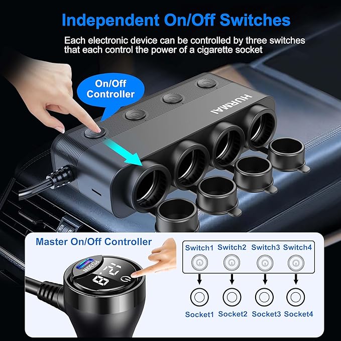 HURMAI Cigarette Lighter Splitter Adapter 216W 4 Socket Heavy Duty Truck Car USB Chager Multi Port with PD30W/QC3.0 Charge USB C 12V/24V Independent Switches & Dust Cover & Waterproof for Car Devices