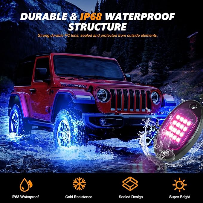 16 Pods RGB LED Rock Lights for Trucks Pickup Golf Cart Offroad RV UTV ATV SUV, Waterproof Multicolor Underglow Kit for Cars with APP Music Mode, Vehicle Underbody Light Underneath Accent 12V