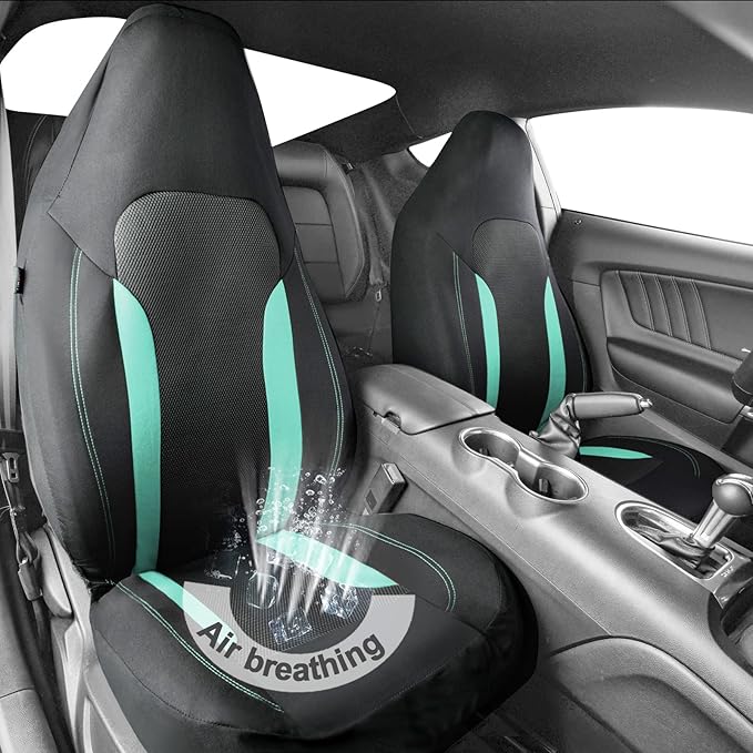 CAR PASS Bucket Car Seat Cover, Breathable 3D Air Mesh-100% Sporty Fabric Front Seats, Airbag Compatible, Universal Fit Automotive SUV Truck Sedan Vans Women, High Back Two Front 2 Piece, Black Mint