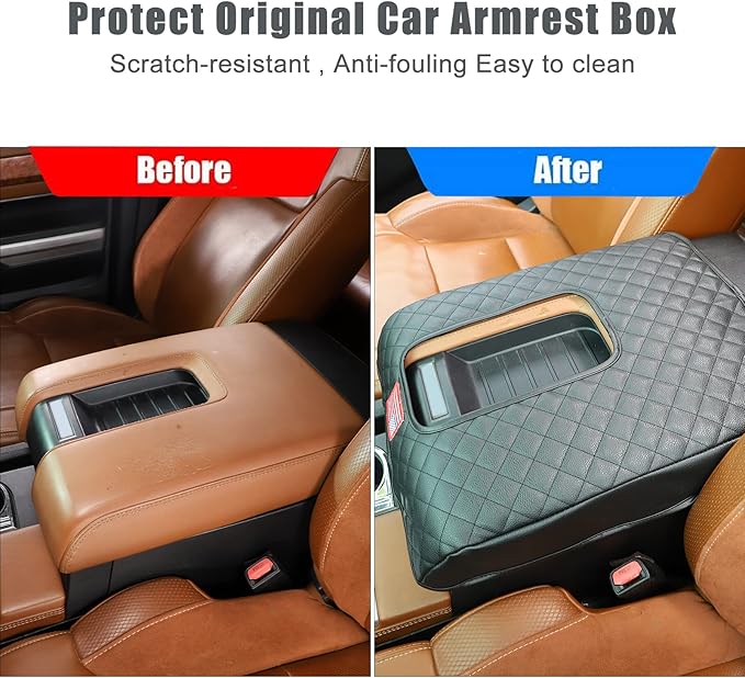 LLKUANG Car Center Console Armrest Cover Pad Fit for Toyota Tundra 2007-2021 Waterproof Leather Seat Armrest Box Cushion Pad Protector (Black + American Flag)
