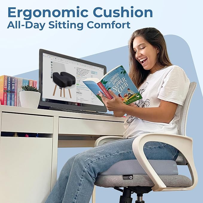 5 STARS UNITED Seat Cushion - Memory Foam Chair Cushion for Tailbone Pain Relief - Ergonomic Support for Coccyx, Sciatica & Butt - Office, Desk & Gaming Chair, Car Seat, Wheelchair, Airplane, L Gray