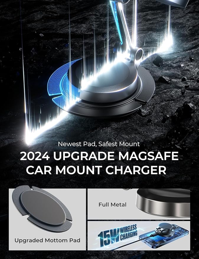 LISEN for Magsafe Car Charger, 15W Ultra Magnetic Car Phone Holder, for Magsafe Car Mount Charger Metal Dashboard Cell Phone Car Mount for iPhone 16 15 14 13 12Pro Max Plus