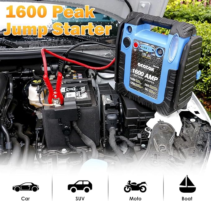 Jump Starter,1600 Peak Amp 12 Volt Jump Starter with Air Compressor, Auto Lead-Acid Battery Booster (Up to 6L Gas or 6L Diesel Engine) with LED Light & USB Output