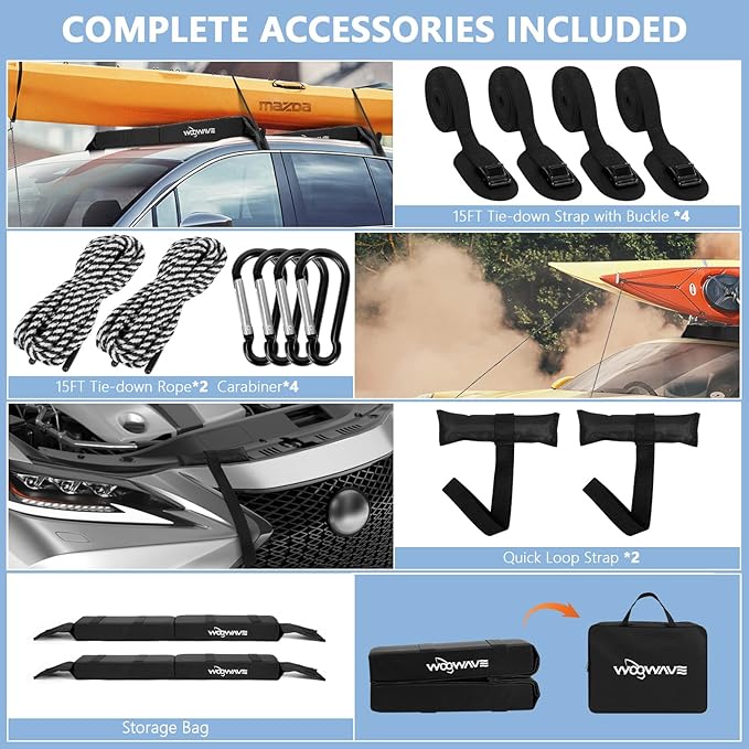 WOOWAVE Premium Kayak Roof Rack Pads Universal Car Soft Roof Rack Kayak Carrier for Canoe/Surfboard/Paddleboard/SUP/Snowboard with Tie Down Straps, Tie Down Rope, Quick Loop Strap and Storage Bag