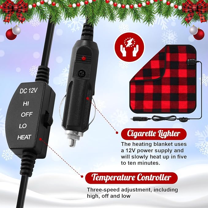 Tuanse 16 x 16 Inches Car Electric Blanket 12 Volt Heated Car Blanket with Temperature Controller and Black Storage Bag Cold Weather Tailgating and Emergency Kit(Red Black,Squares)
