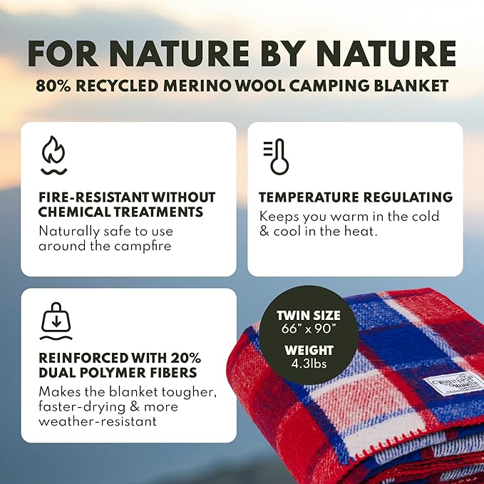 Woolly Mammoth Woolen Company Merino Wool Blanket - 80% Merino Wool - Camping Blankets for Cold Weather - Mositure-Wicking for Overlanding, Hunting, Emergency Kits, Bushcraft (66" x 90" Berry Plaid)