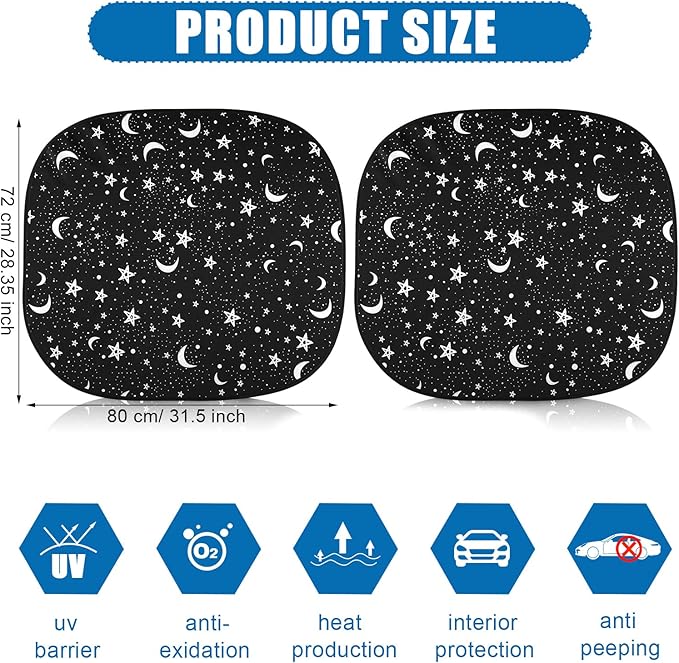 Moukeren 2 PCS Windshield Sun Shade for Car Foldable Window Covers for Car Accessories Reflect UV Sun Heat Protector for Universal Cars SUV Truck RV (Star Moon,31.75 x 28.75 Inch)